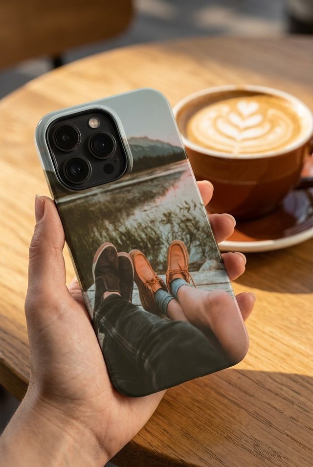 Hand holding a phone in a custom case printed with a photo of a couple's feet side by side on a wooden dock by a mountain lake, next to a coffee cup.