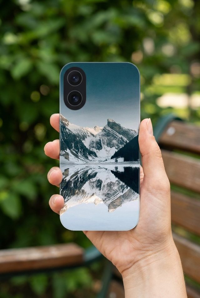 Hand holding an iPhone 17 in a custom Tough case printed with a snowy mountain reflected in a still lake, beside a garden bench.