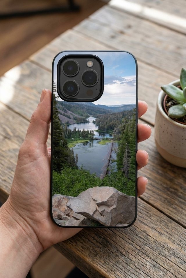 Hand holding an iPhone 18 Pro in a black Tough case printed with a forest valley and lake seen from a rocky lookout, on a wooden table.