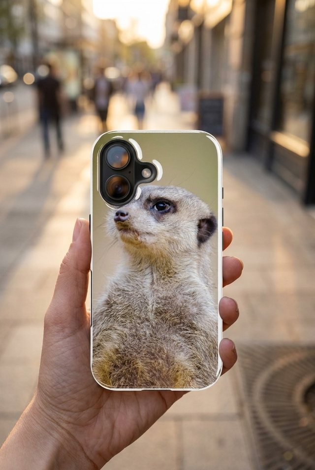Hand holding a phone in a custom case printed with a close-up meerkat, its face placed below the camera cutout, on a sunny city street.