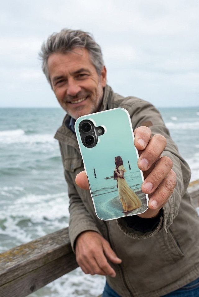 Smiling man by the sea holding out a phone in a custom case printed with a photo of a woman in a yellow dress on the shore.