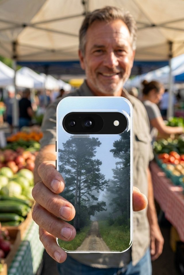 A smiling man holds out a phone in a custom Tough case printed with a misty forest road photo, at an outdoor market.
