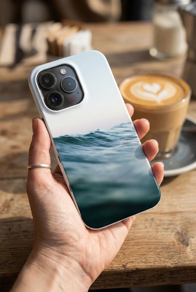 Hand holding an iPhone 16 Pro in a white Tough case printed with a dark blue ocean wave, next to a latte on a café table.