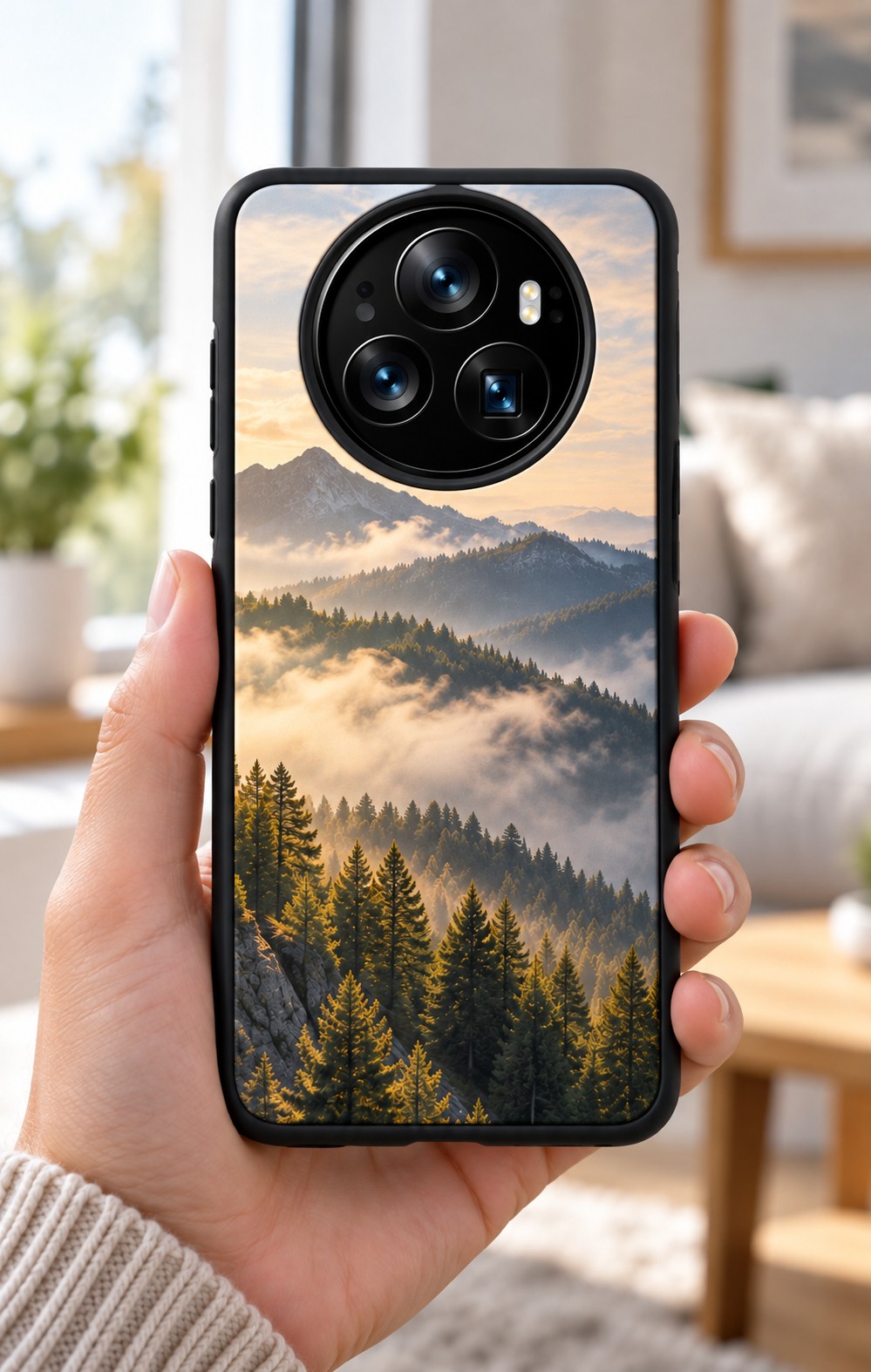 Hand holding a Xiaomi 17 Ultra in a black Tough case printed with a misty mountain and pine forest photograph