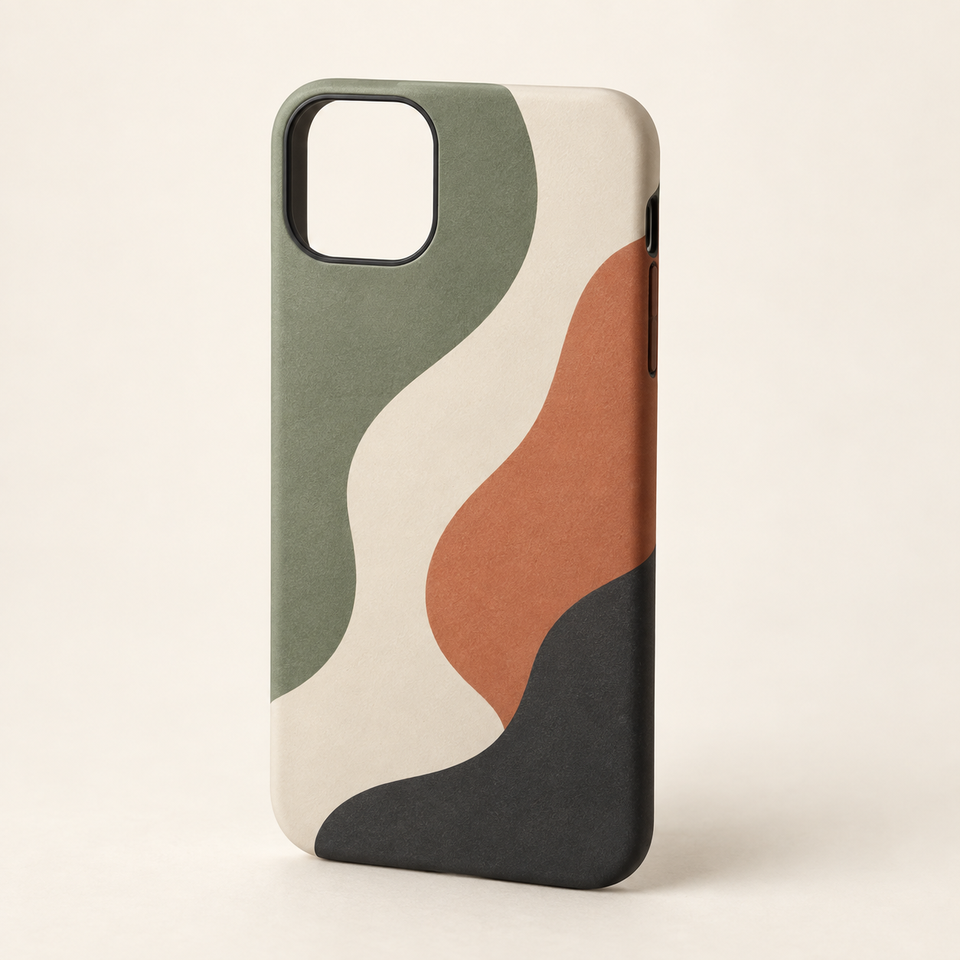 Slim Snap case mockup with flowing sage, cream, terracotta, and charcoal artwork