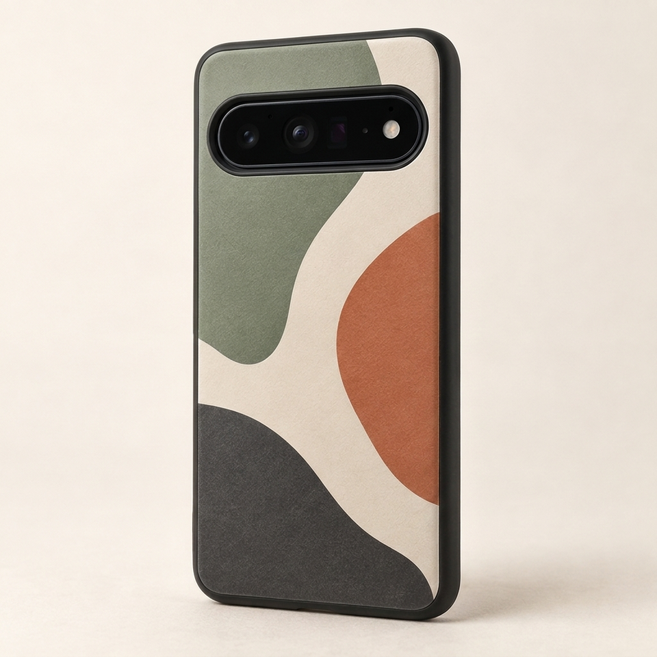 Tough case mockup for a phone with a wide horizontal camera bar, printed with sage, cream, terracotta, and charcoal shapes