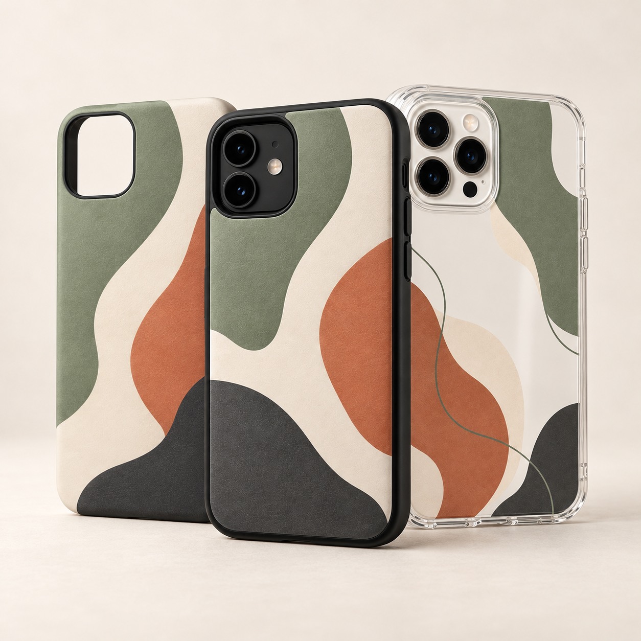 Tough, Snap, and Clear custom phone cases displayed together with matching abstract artwork
